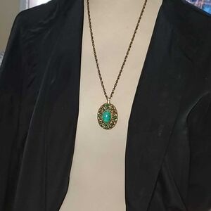 Vintage Western Germany Turquoise Green Rhinestone Antique Gold Pendant Necklace